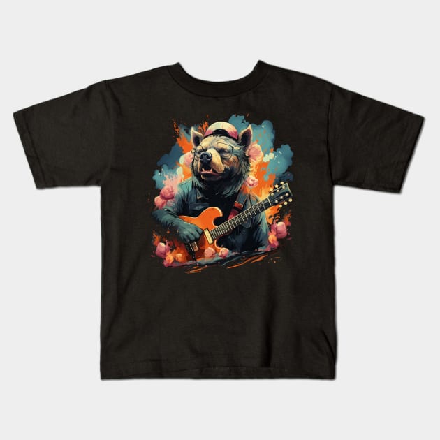 Wild Boar Playing Guitar Kids T-Shirt by JH Mart